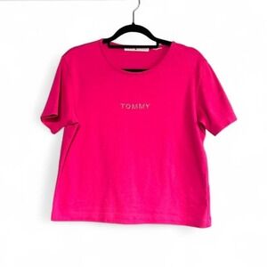 Y2K Tommy Hilfiger Baby Tee Women's Size XL Pink Rhinestone T Shirt 2000 Cotton